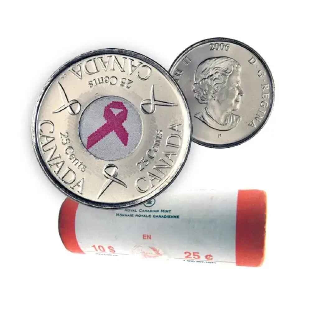 2006-P Canadian 25-Cent Pink Ribbon, Breast Cancer Awareness Coloured Quarter Original Coin Roll