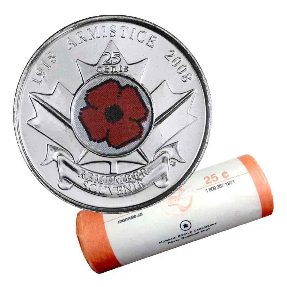 2008 (1918-) Canadian 25-Cent Poppy Armistice 90th Anniv Coloured Quarter Original Coin Roll