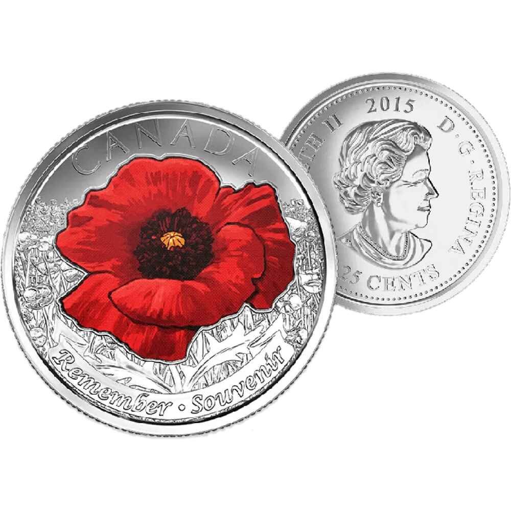 (Coloured) 2015 Canadian 25 Cent Remembrance Poppy Coin - UNC ex Mint Roll