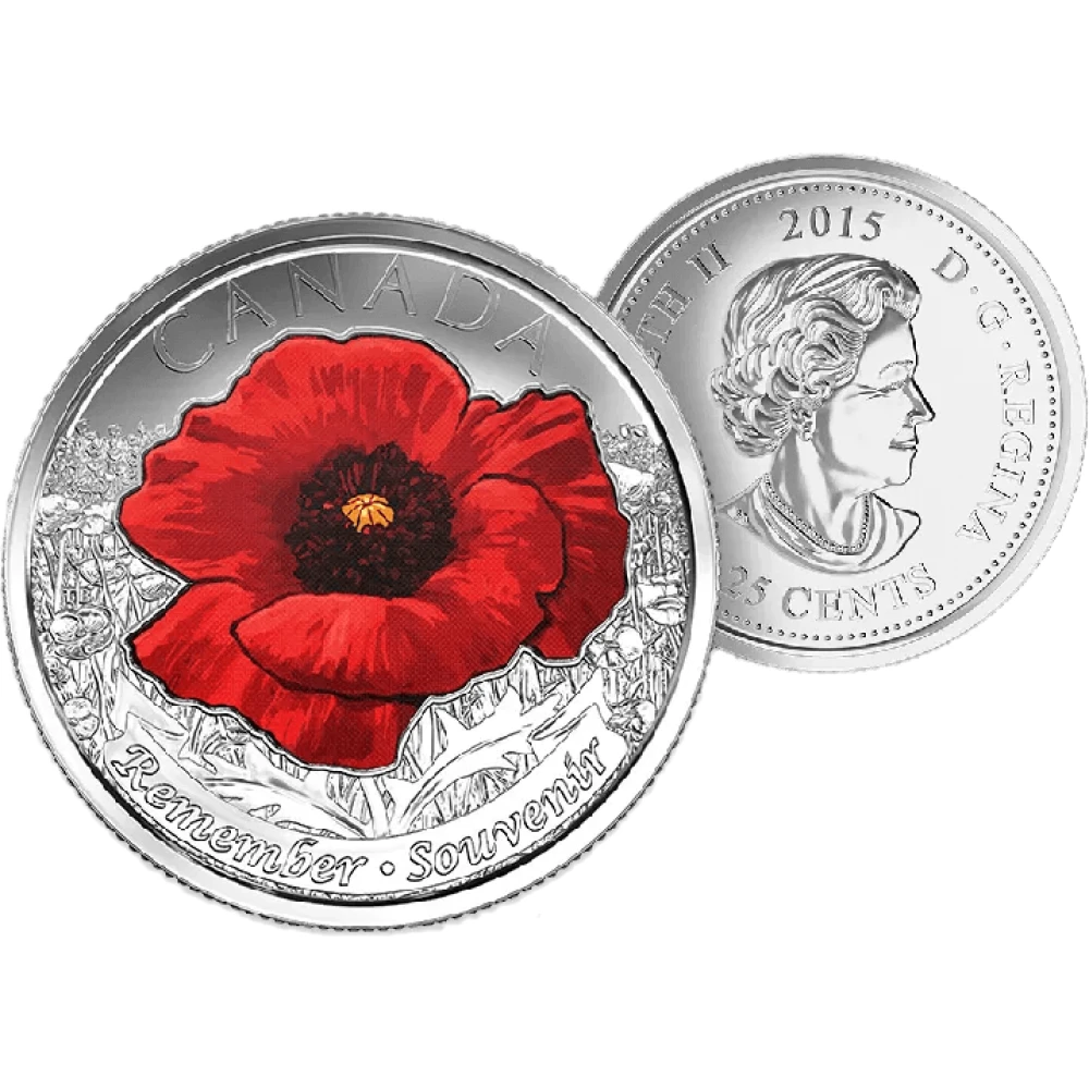 (Coloured) 2015 Canadian 25 Cent Remembrance Poppy Coin - UNC ex Mint Roll
