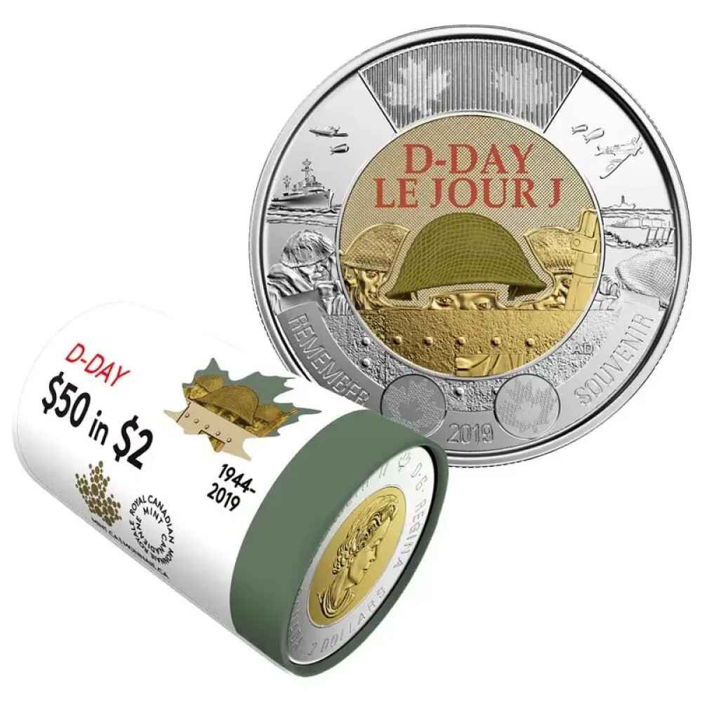 2019 Canadian $2 D-Day 75th Anniv Remembrance Coloured Toonie Special Wrap Coin Roll