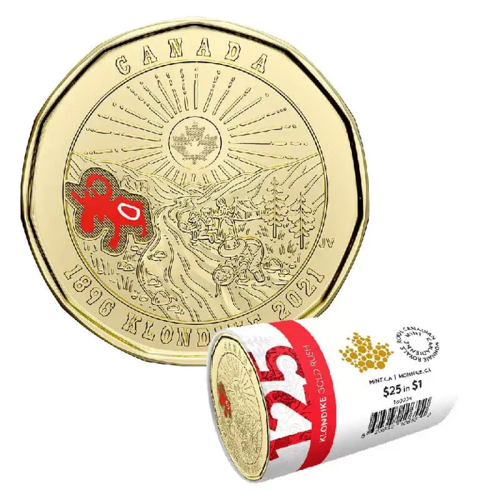 2021 (1896-) Canadian $1 Klondike Gold Rush 125th Anniv Coloured Loonie Special Wrap Coin Roll