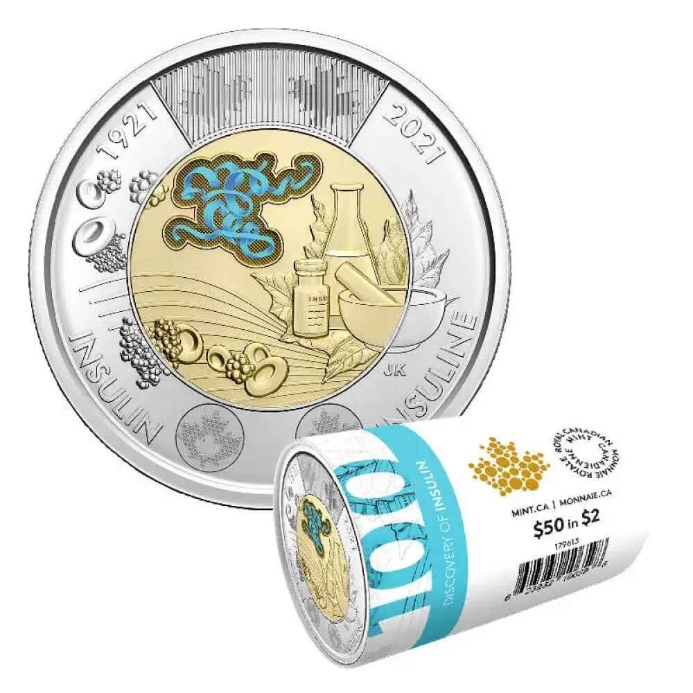 canadian-2-dollar-discovery-of-insulin-100th-anniv-toonie-coloured-special-wrap-coin-roll
