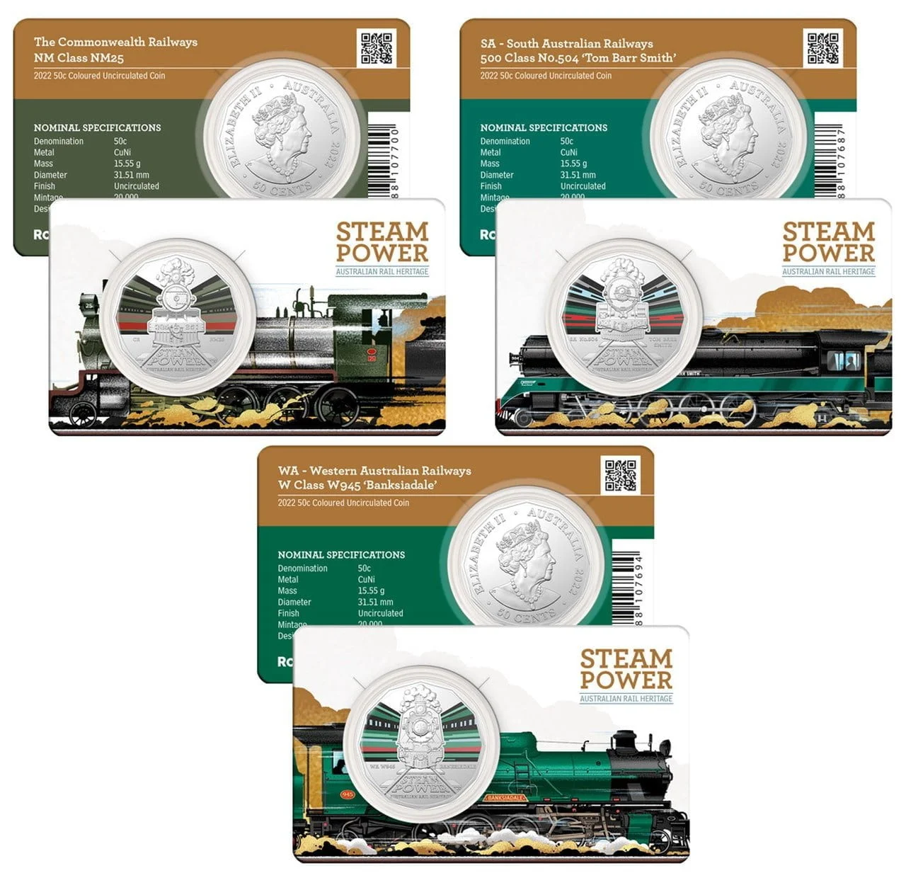 Australian Steam Trains - Set of 3 - NM25, SA No.504, WA W945