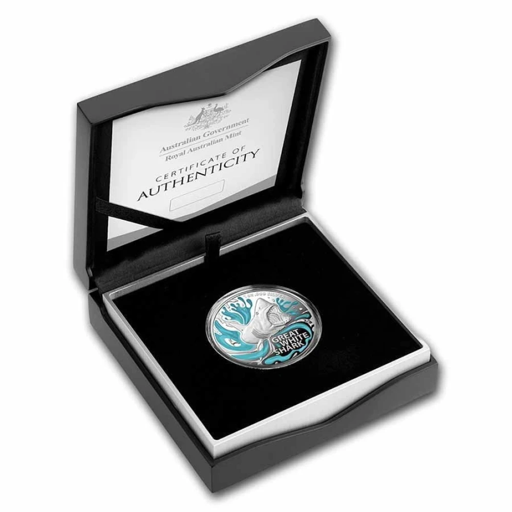 2022 $5 The Great White Shark 1oz Silver Proof Coloured Coin - Image 3