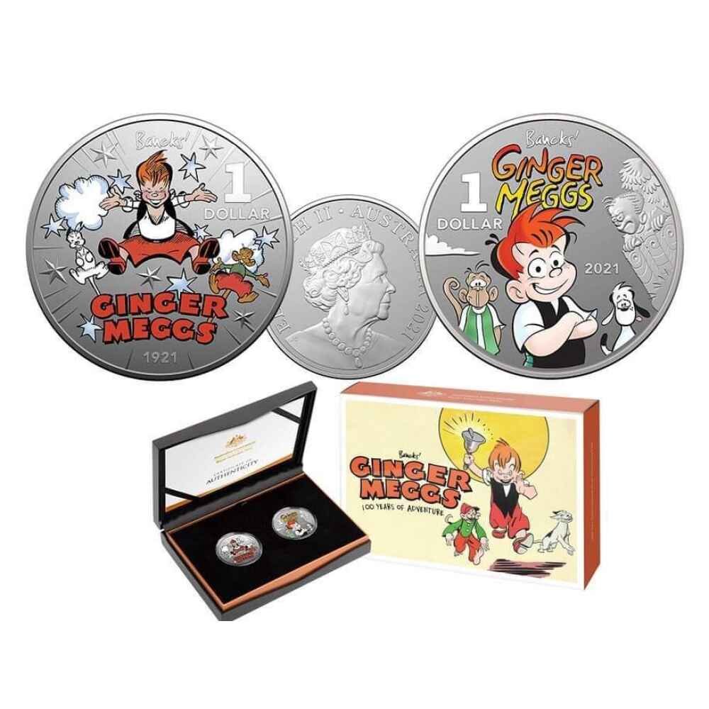 2021 $1 Centenary Of Ginger Meggs Coloured Two Coin 1/2 oz Silver